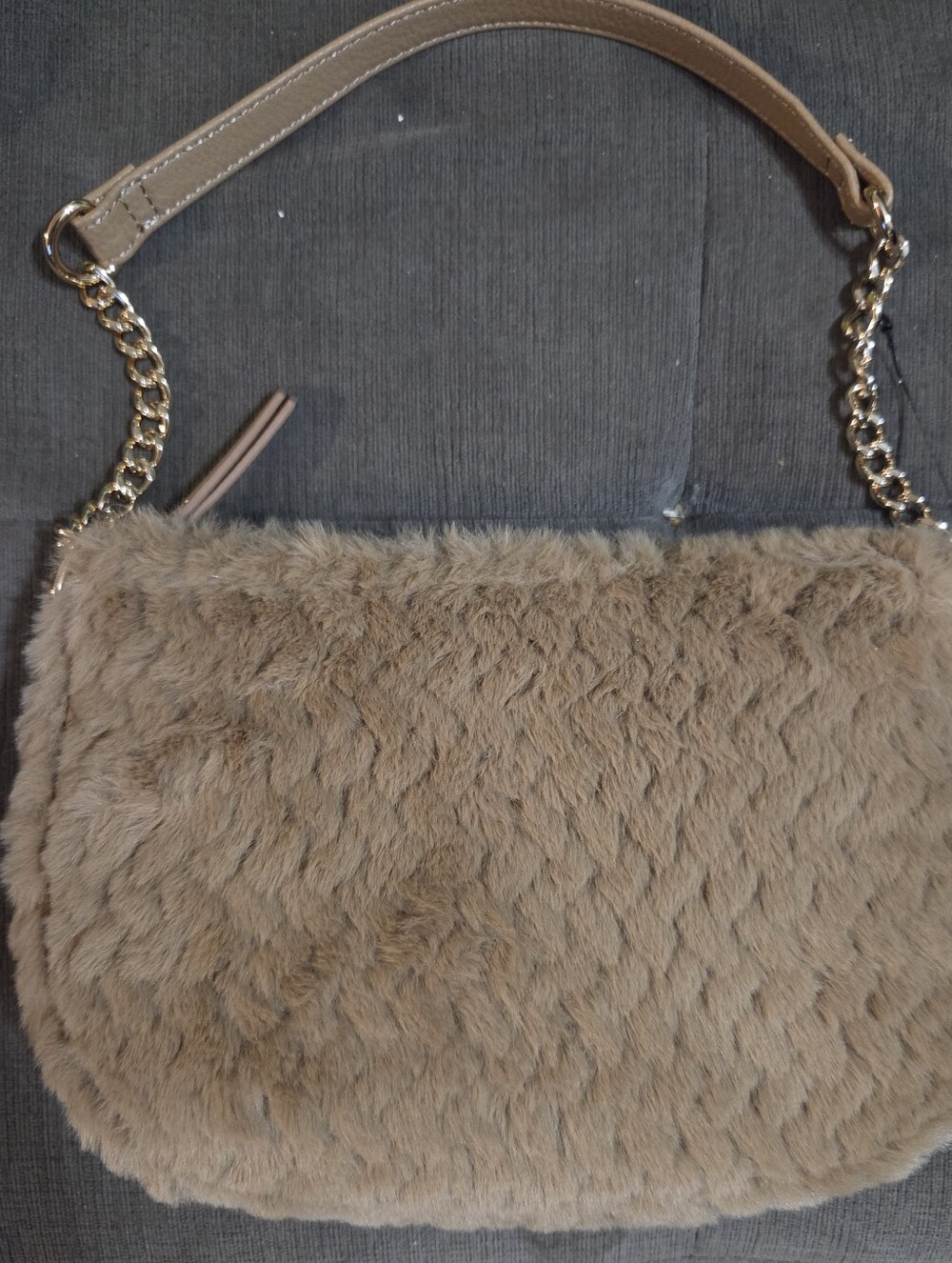 Faux Fur Chain-Handle Shoulder Bag in Tan